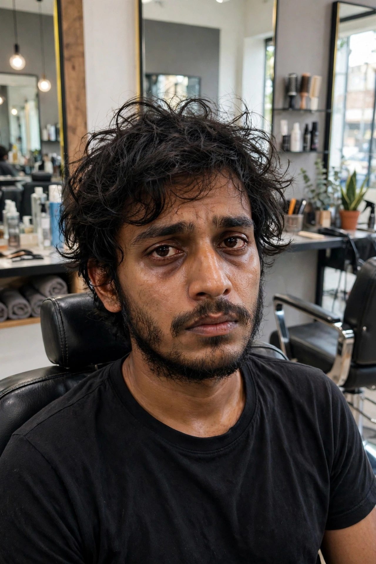 Man with messy hair and unkempt beard before grooming
